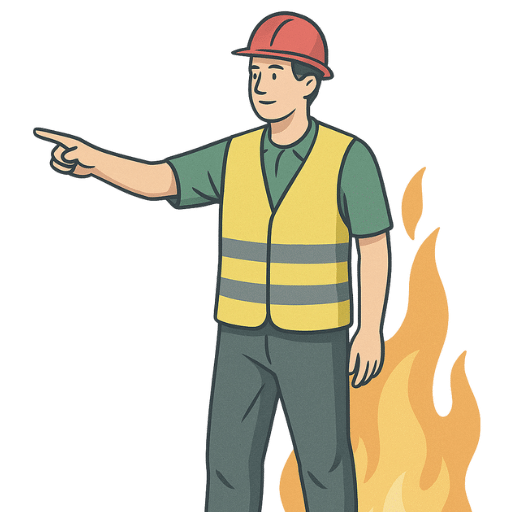 Fire warden directing evacuation with fire in the background