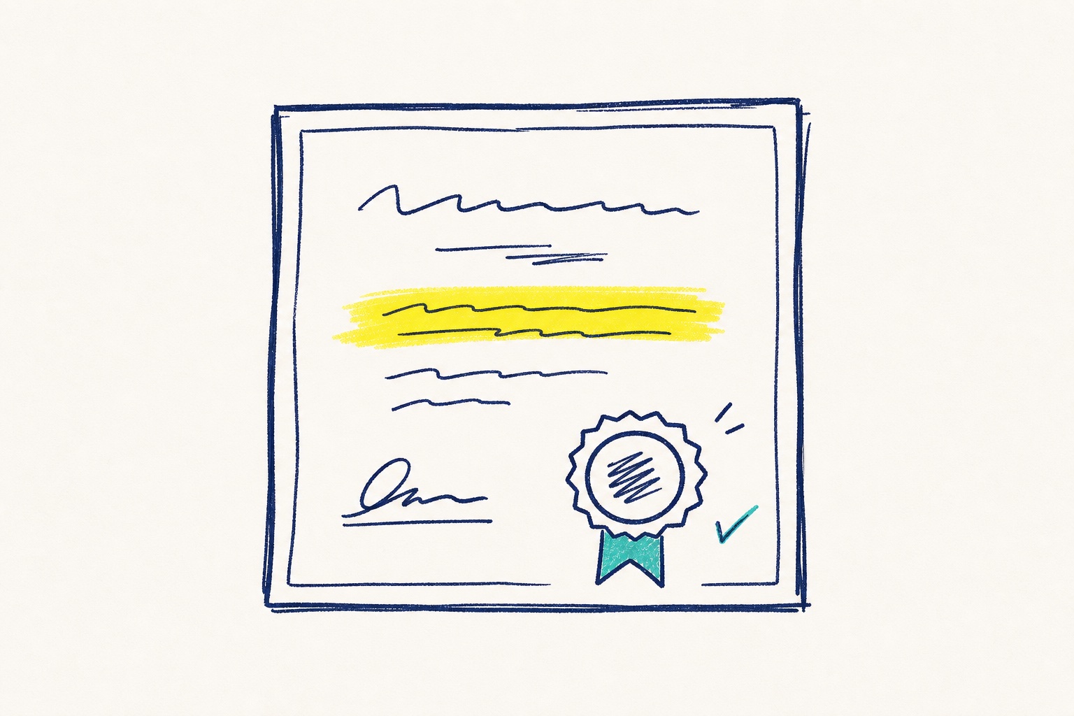 Sketch of a first aid certificate with an award stamp and highlighter mark.