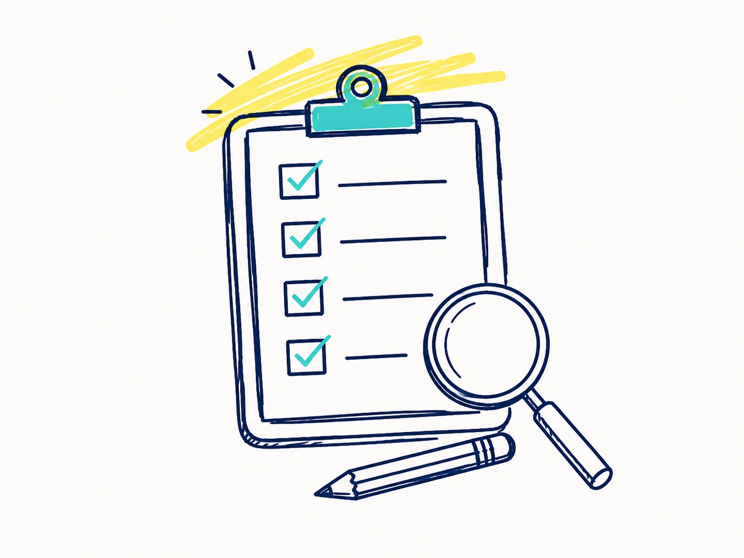 Sketch of a checklist clipboard with ticks and a highlighter mark.