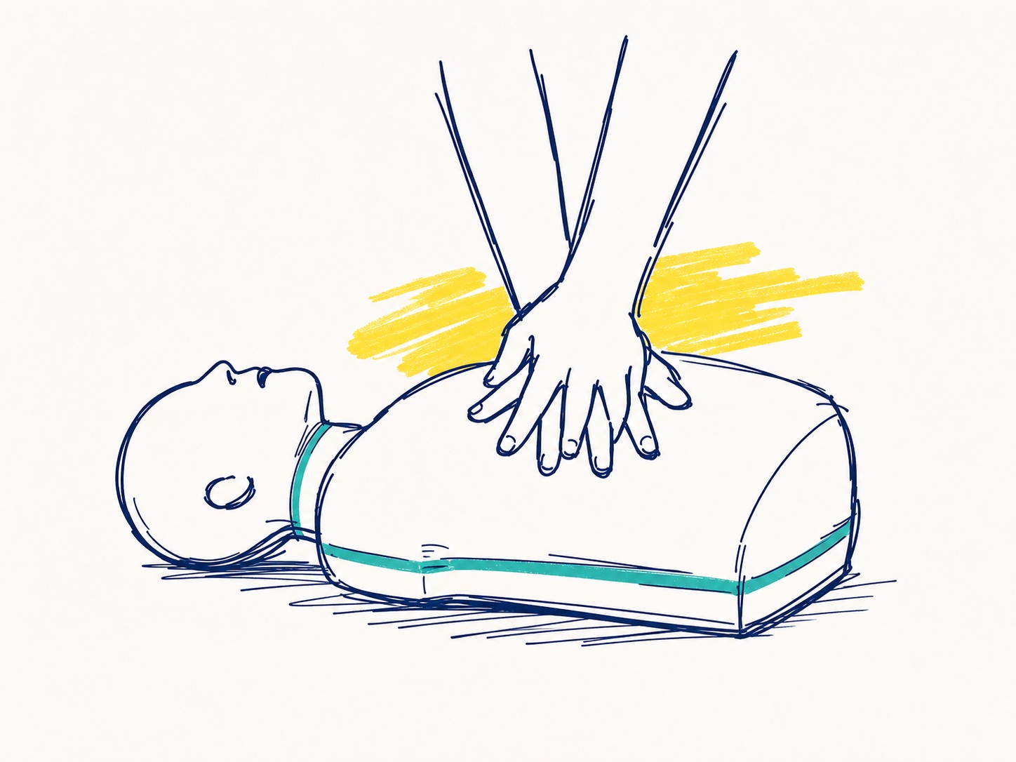 Sketch of hands practising CPR compressions on a training mannequin.