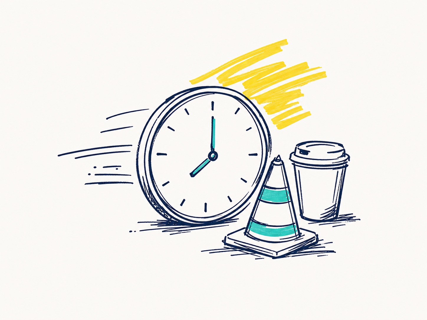 Sketch of a clock, traffic cone and coffee cup representing wasted training time.