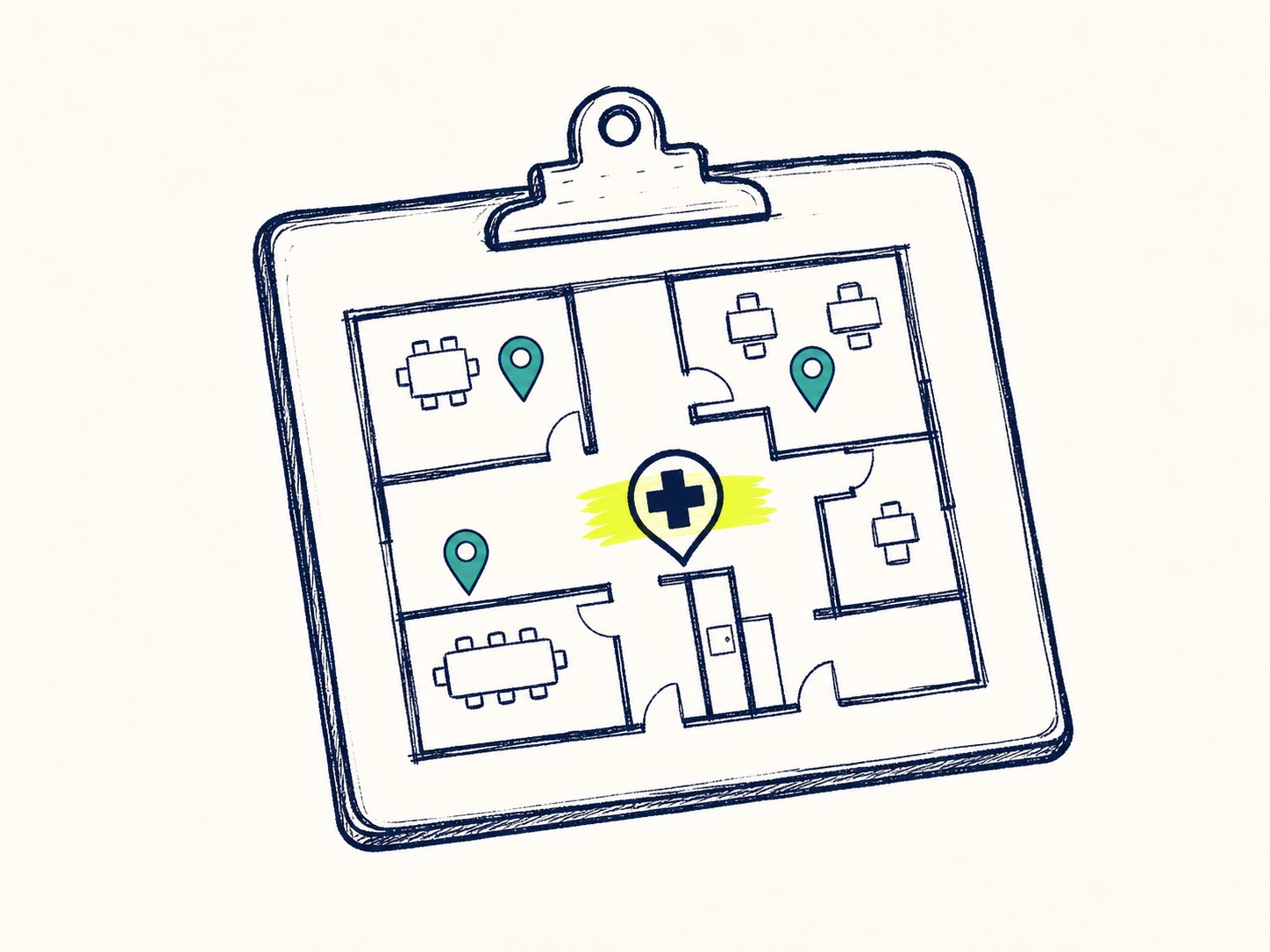 Sketch of a workplace floorplan showing first aid coverage markers across different areas.