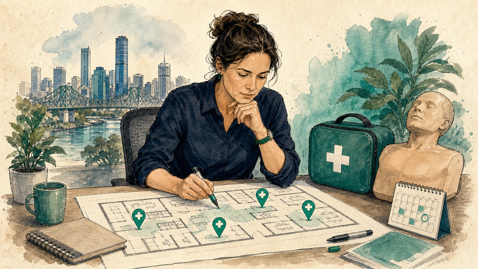 how-many-first-aiders-brisbane-featured-sketchpad Editorial sketch of a Brisbane workplace organiser reviewing a first aid coverage plan with a kit and CPR mannequin.