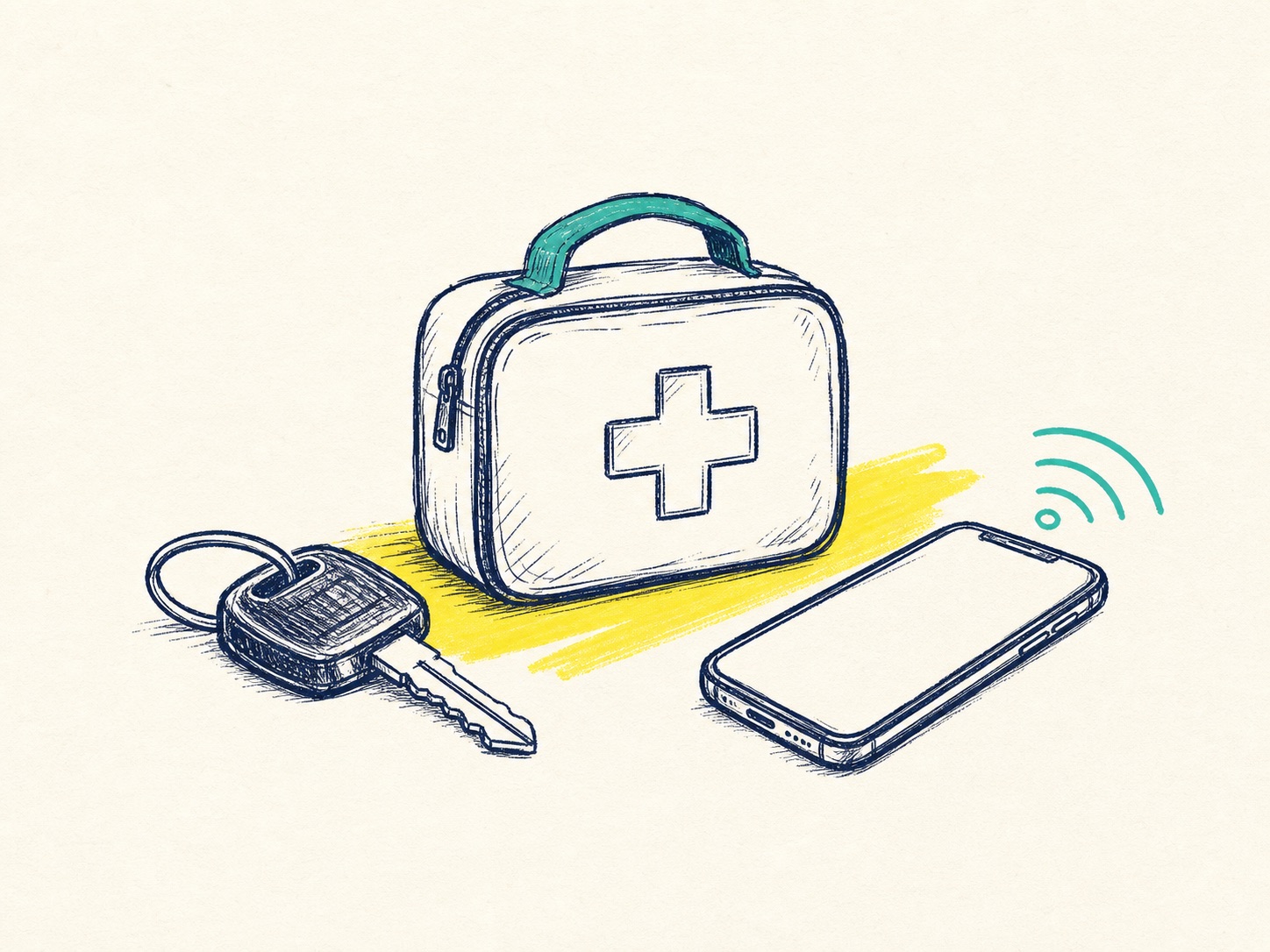 Sketch of a portable first aid kit, vehicle key and phone for mobile or isolated workers.