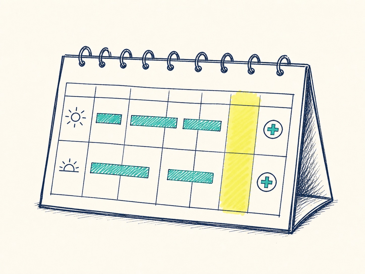 Sketch of a shift calendar showing first aid coverage across morning and afternoon blocks.