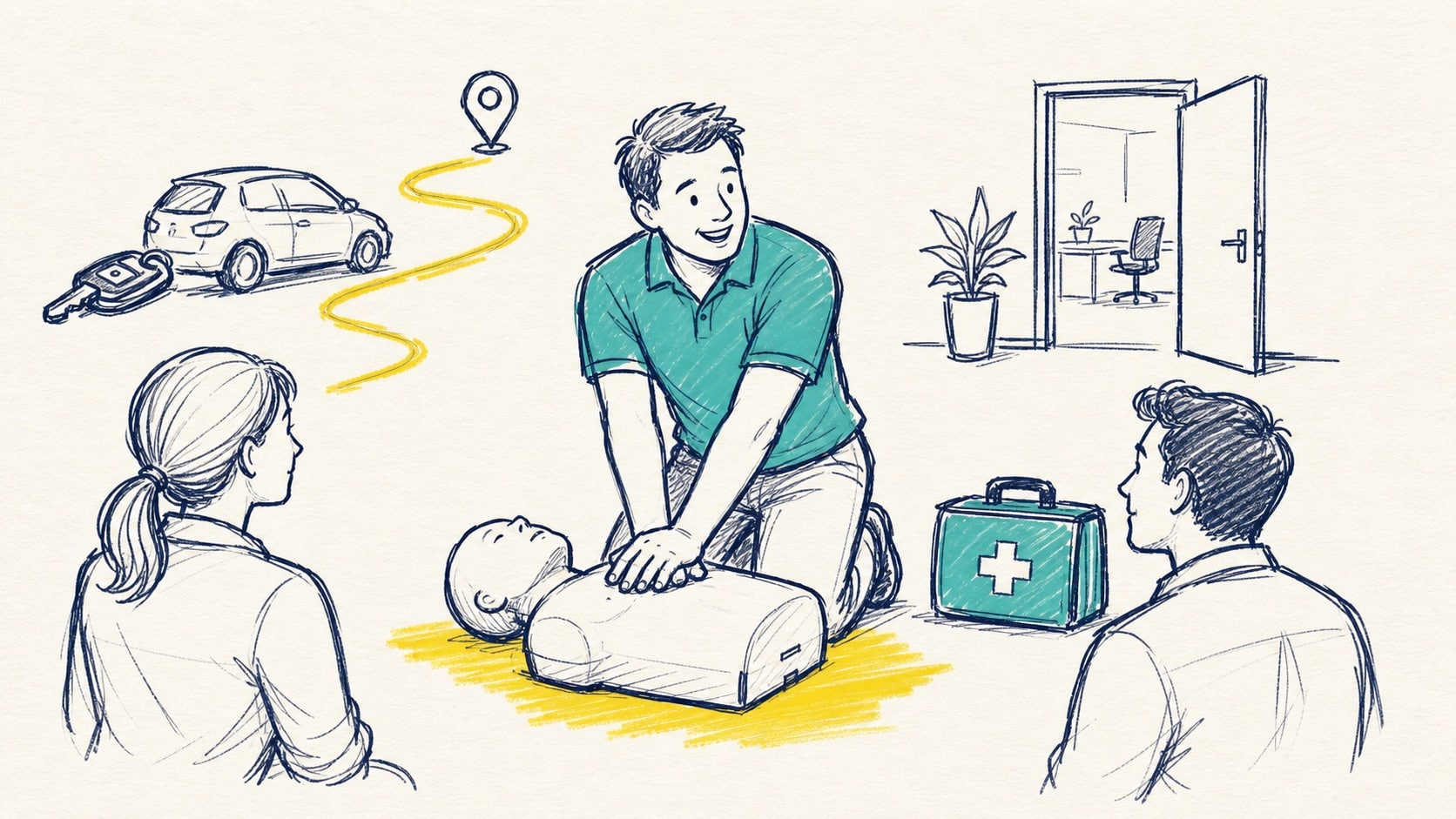 Sketch of an onsite first aid trainer demonstrating CPR while offsite travel and workplace access are contrasted in the background.