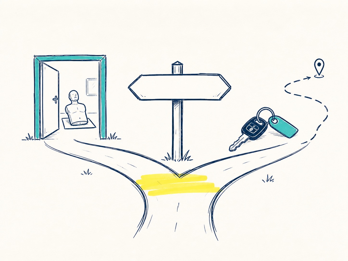 Sketch of a fork in the road between onsite workplace training and travelling offsite for first aid training.