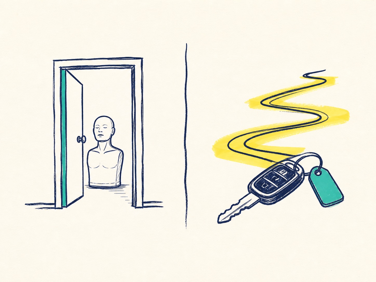 Sketch comparing an onsite training room with a car key and route line for offsite travel.