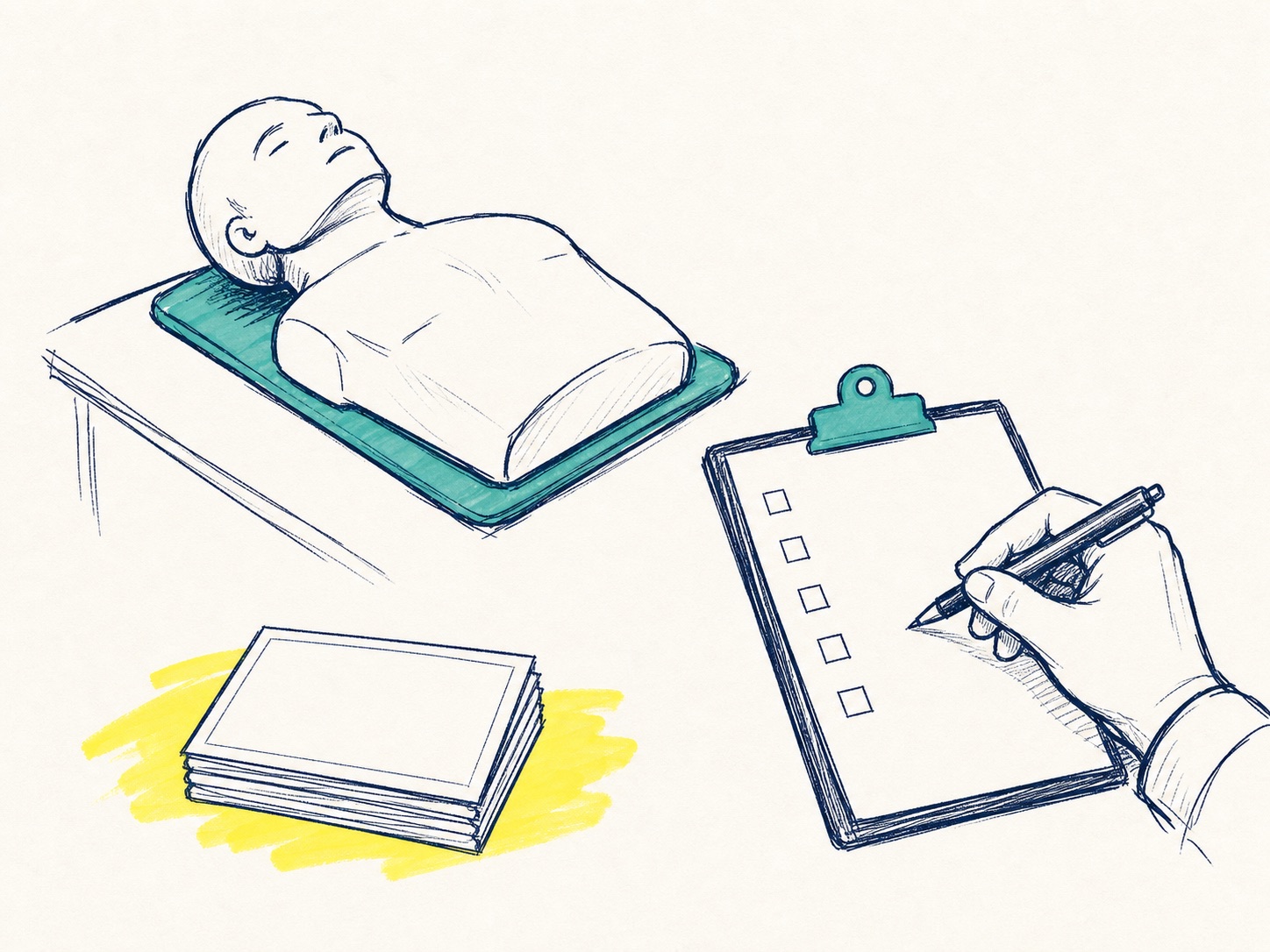 Sketch of a CPR mannequin, blank certificate cards and a checklist for annual first aid renewal training.