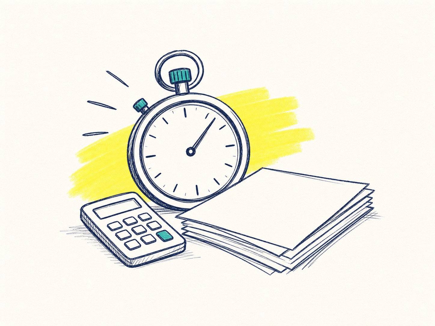 Sketch of a stopwatch, calculator and blank paperwork showing the hidden time and cost of first aid training.