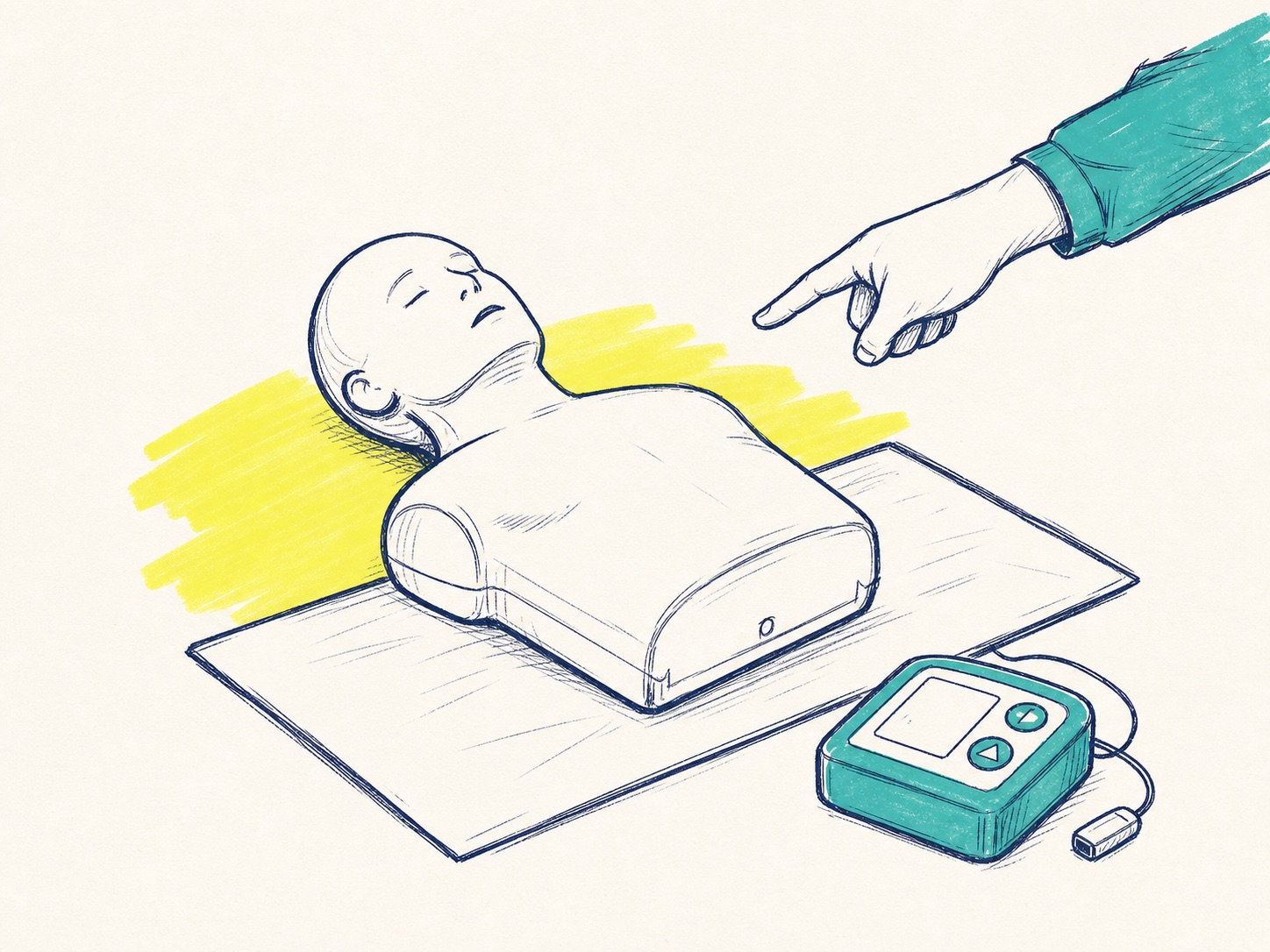 Sketch of a CPR mannequin, AED trainer and trainer hand during workplace-specific first aid training.