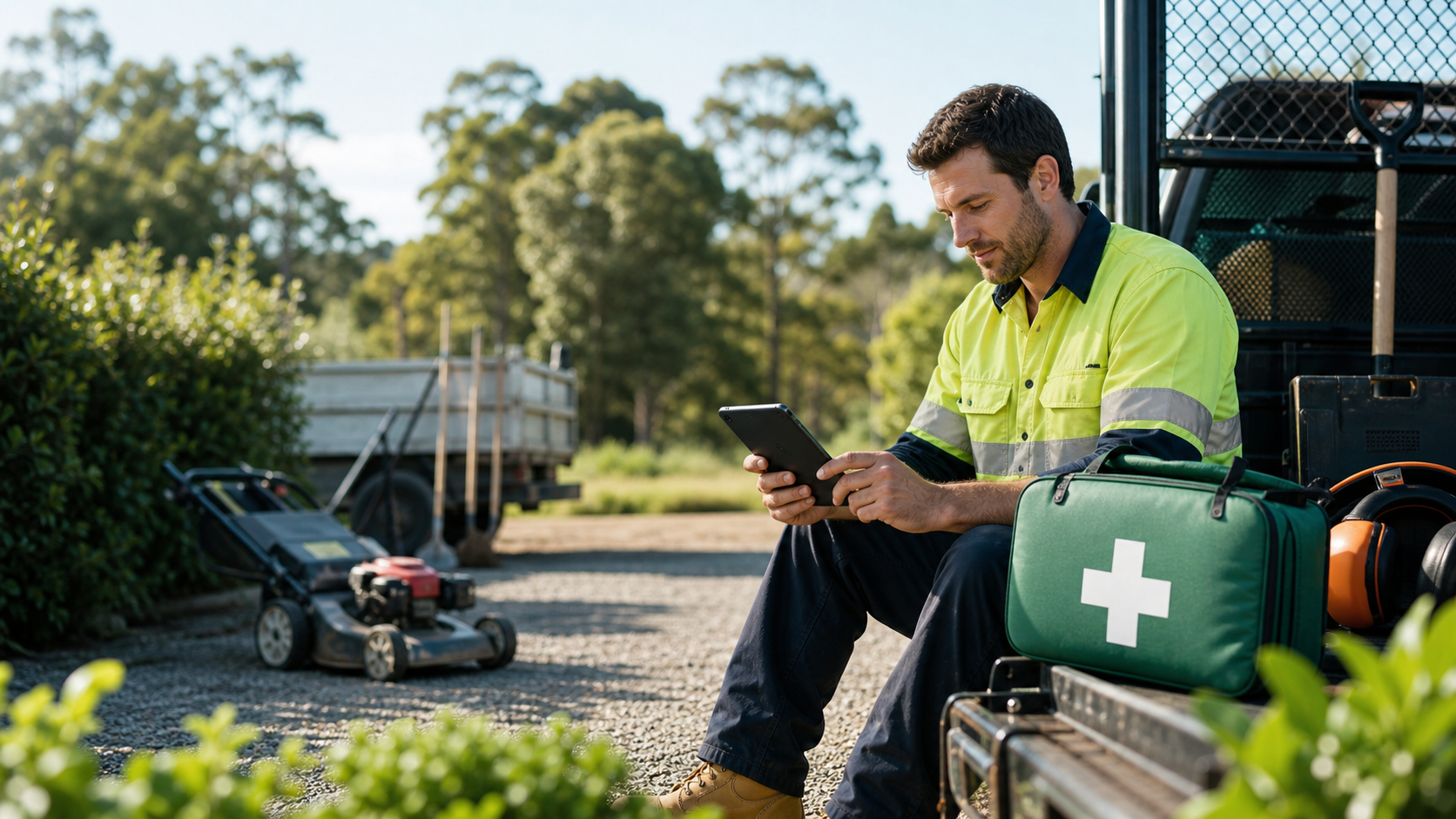 Outdoor maintenance worker checking first aid information on a tablet beside a first aid kit