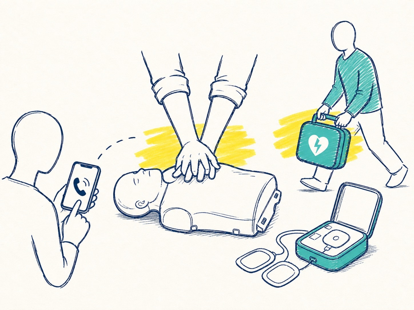 Sketch of a team response to cardiac arrest with CPR, a phone call and an AED.