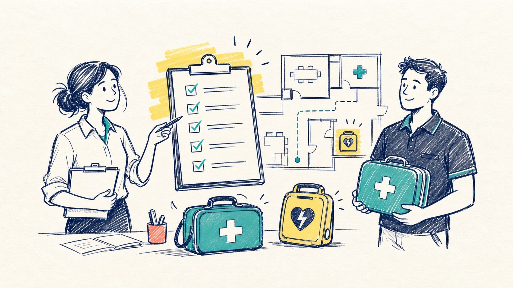 Sketch of a workplace first aid checklist, first aid kit, AED and floor plan for Queensland first aid planning.