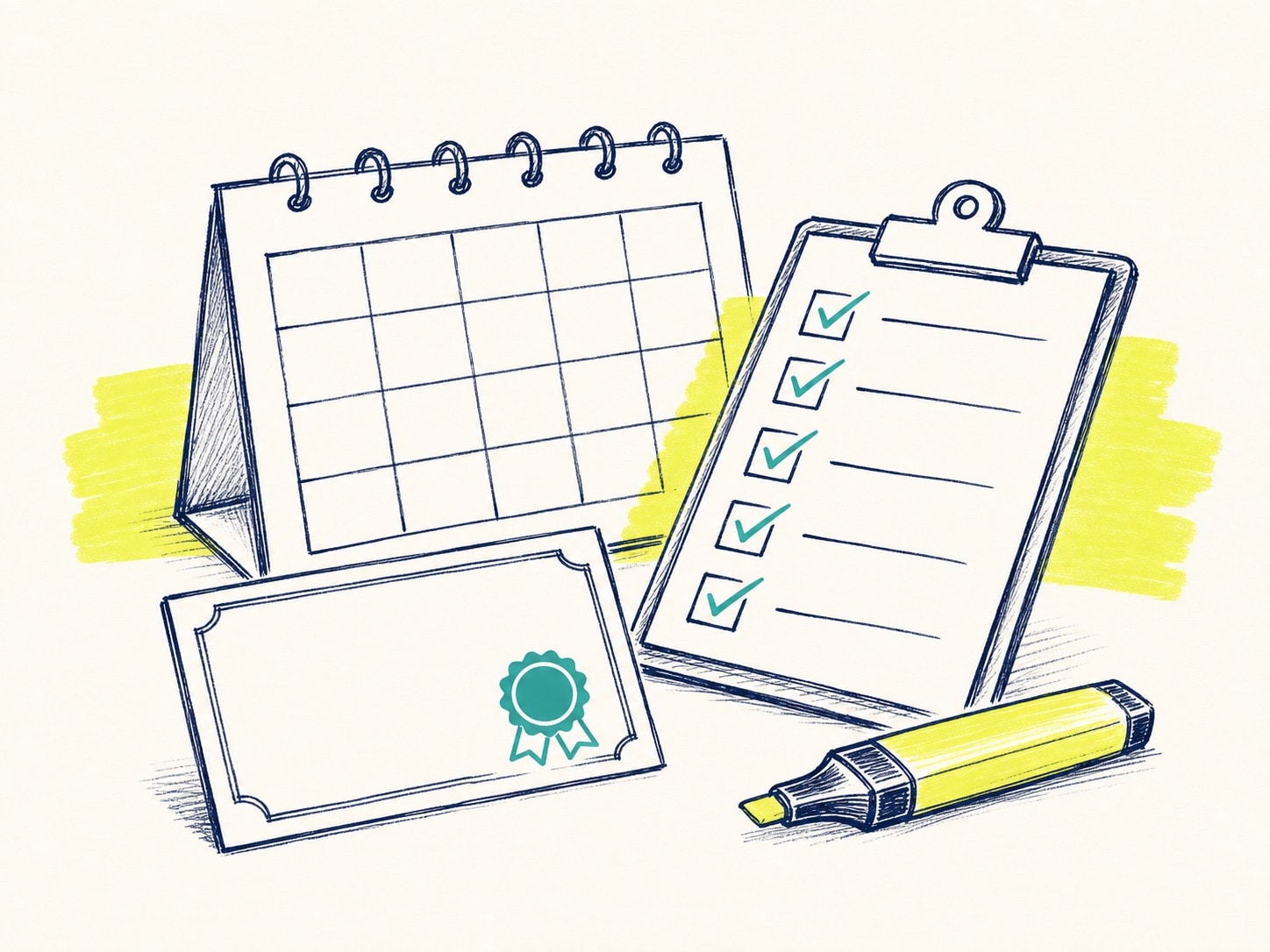 Sketch of a blank renewal calendar, checklist, first aid certificate and highlighter.