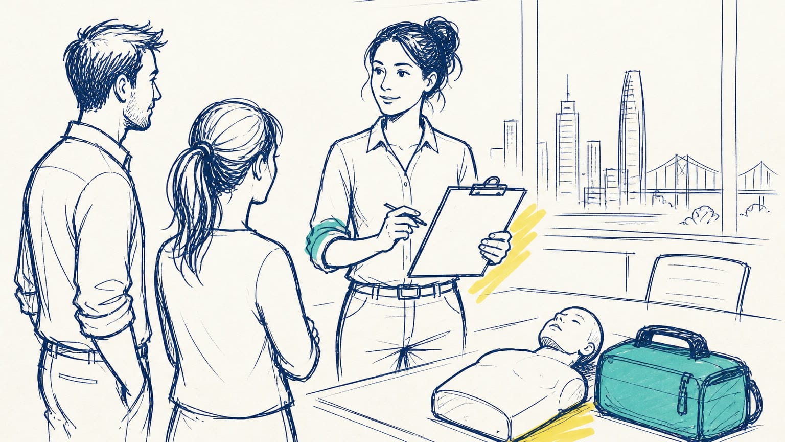 arrange-group-first-aid-training-brisbane-featured-sketchpad Sketchpad illustration of a Brisbane workplace organiser coordinating onsite group first aid training.