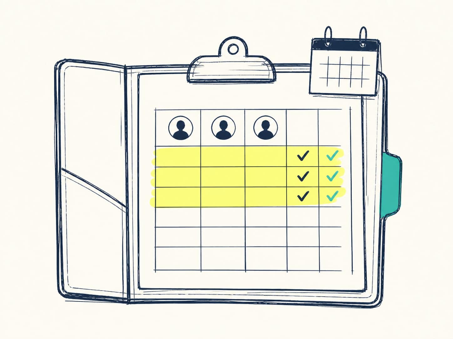 Sketchpad illustration of an organiser checking learner registration, preparation, attendance and completion records.