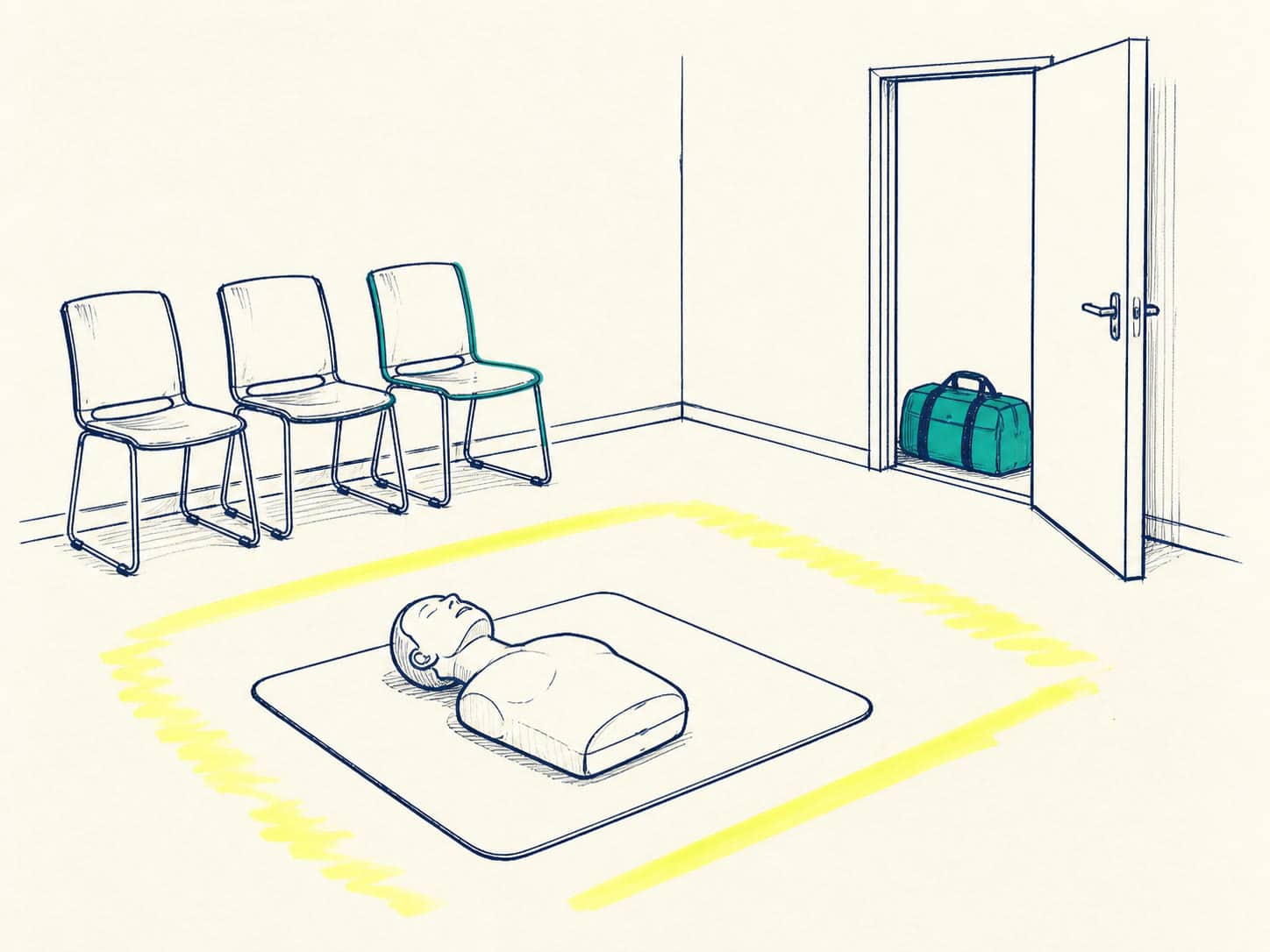 Sketchpad illustration of a workplace room being cleared and prepared as first aid training equipment arrives.
