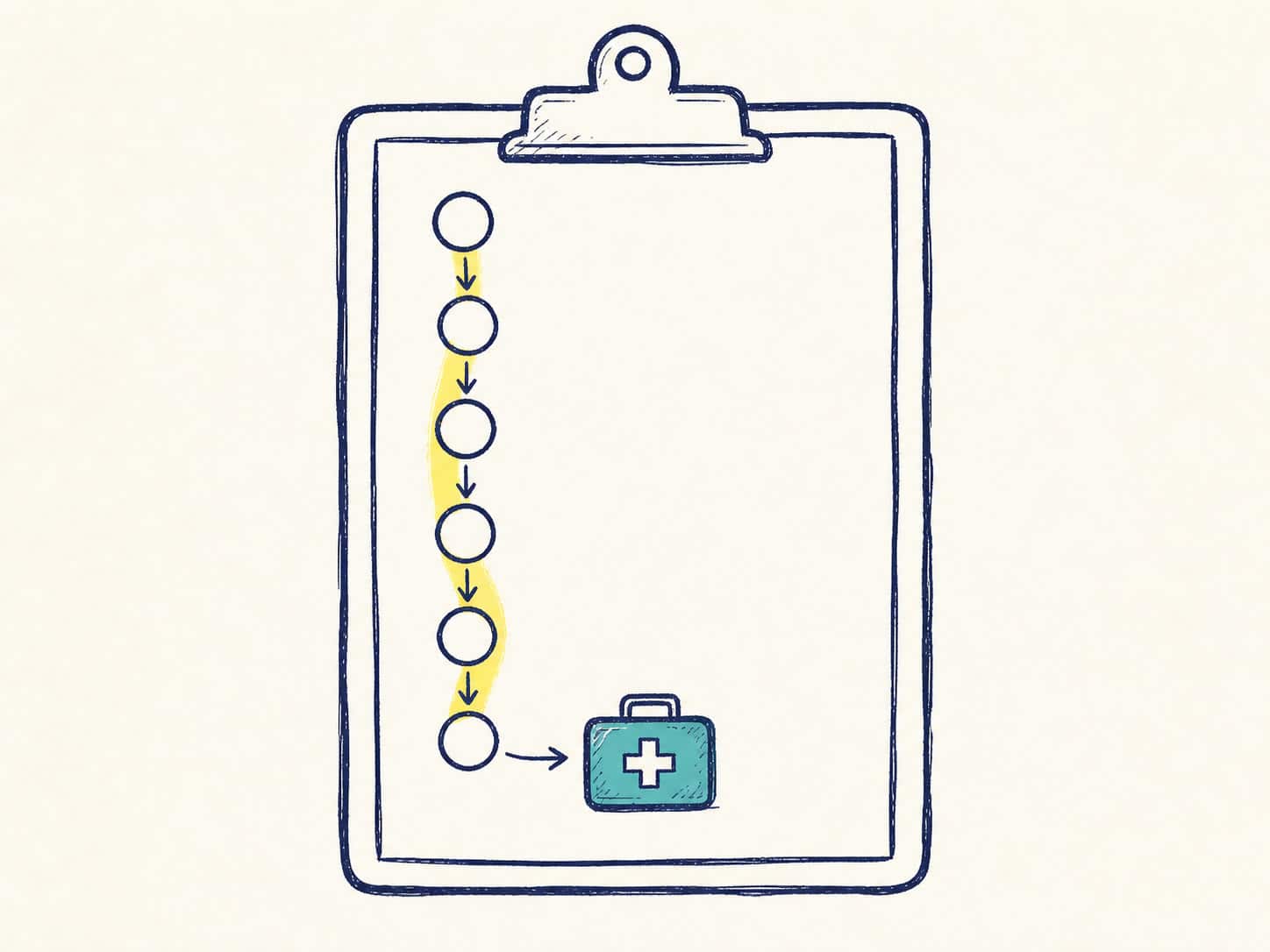 Sketchpad illustration showing how to arrange group first aid training as a simple planning workflow.
